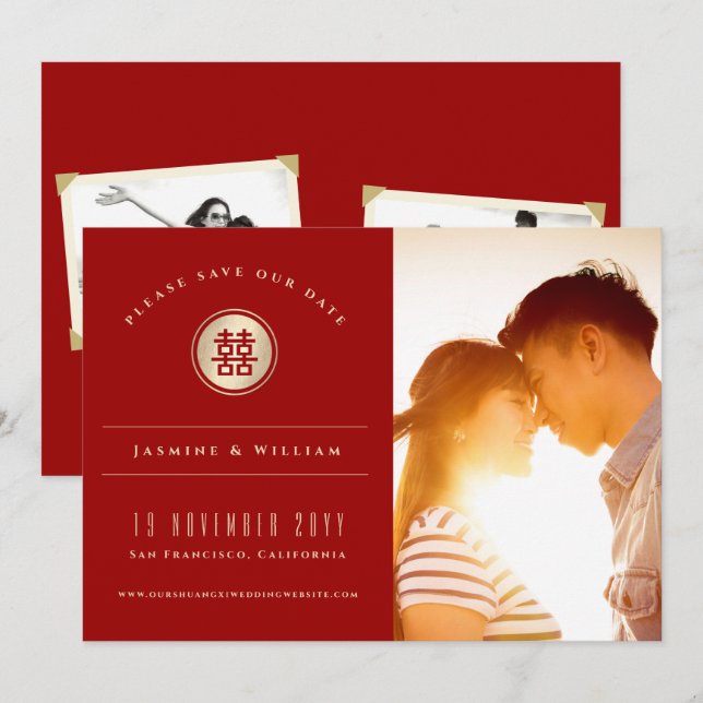 Gold Circle Double Happiness Chinesisches Hochzeit Save The Date (Vorne/Hinten)