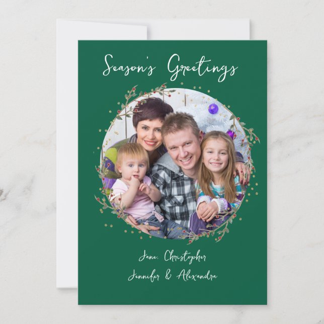 Gold Circle & Green Family Photo Christmas Card Einladung (Vorderseite)