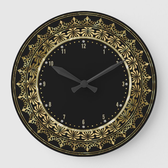Gold Circle Lace Rahmen schwarzer Hintergrund Große Wanduhr (Vorderseite)