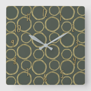 Gold Circles & Rustic Olive Green Modern Chic Quadratische Wanduhr