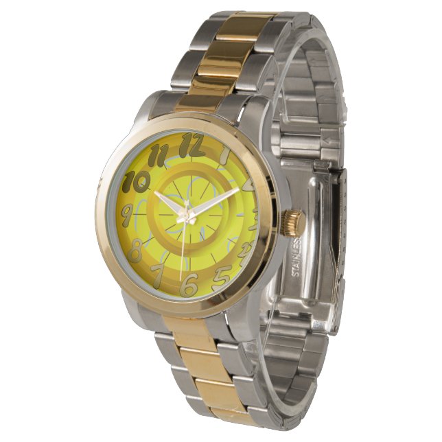 Gold Circles Yellow Loops Time Watch Armbanduhr (Schrägansicht)