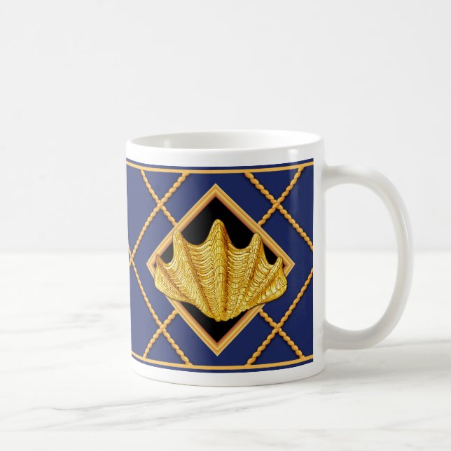 Gold Clam & Ship Rope Navy Blue Nautical Tasse/Cup Kaffeetasse (Rechts)