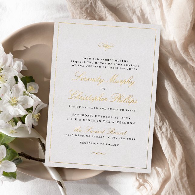 Gold Classic Elegance Script Einfache Hochzeit Folieneinladung (Gold Classic Elegance Script Simple Wedding Foil Invitation)