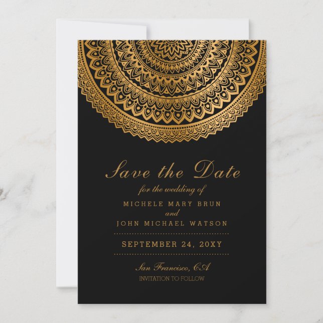 Gold Classy Mandala Black Save the Date White Card (Vorderseite)