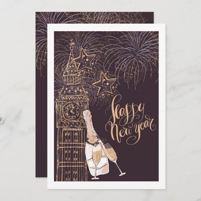 Gold Clock Happy New Year Einladung (Vorne/Hinten)
