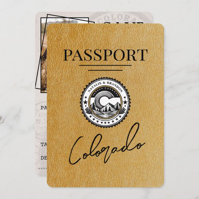 Gold Colorado Passport Save the Date (Vorne/Hinten)