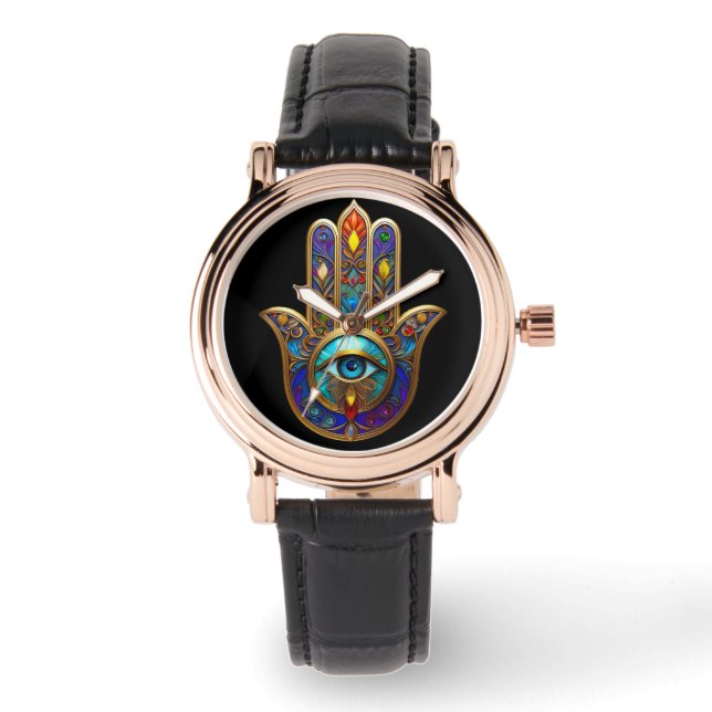 Gold Colorful Hamsa Turquoise Sapphire Third Eye  Armbanduhr (Vorderseite)