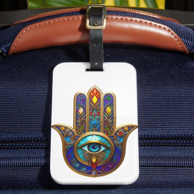 Gold Colorful Hamsa Turquoise Sapphire Third Eye  Gepäckanhänger (Vorderseite Insitu 2)