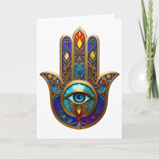 Gold Colorful Hamsa Turquoise Sapphire Third Eye  Karte (Vorderseite)