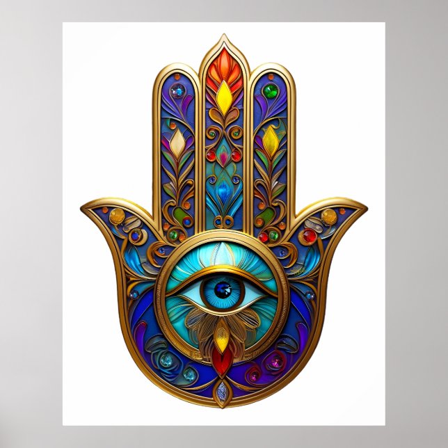 Gold Colorful Hamsa Turquoise Sapphire Third Eye  Poster (Vorne)