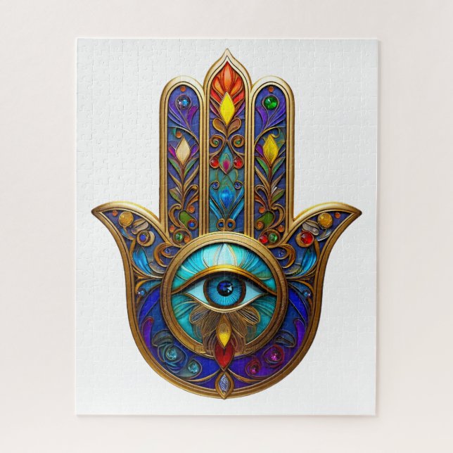 Gold Colorful Hamsa Turquoise Sapphire Third Eye  Puzzle (Vertikal)