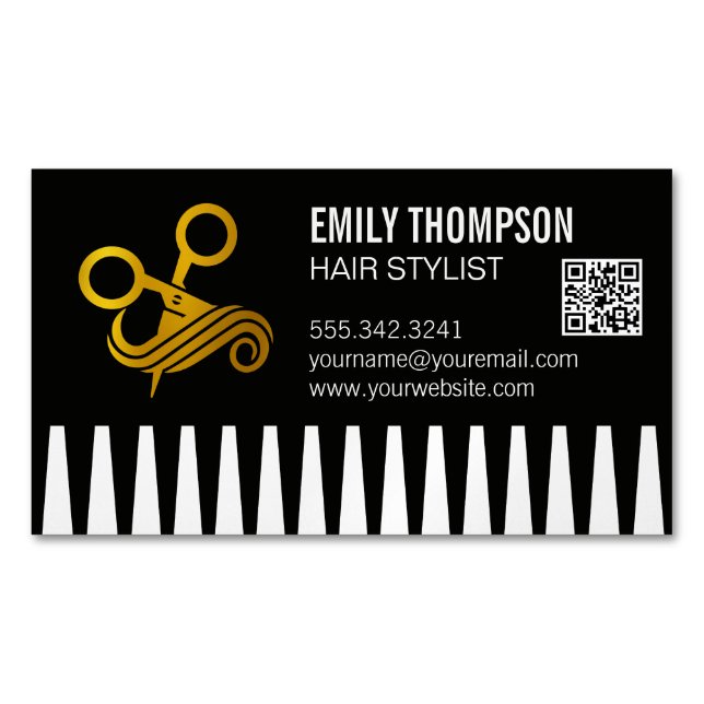 Gold Comb | Hair Stylist | QR Code Magnetische Visitenkarte (Vorderseite)