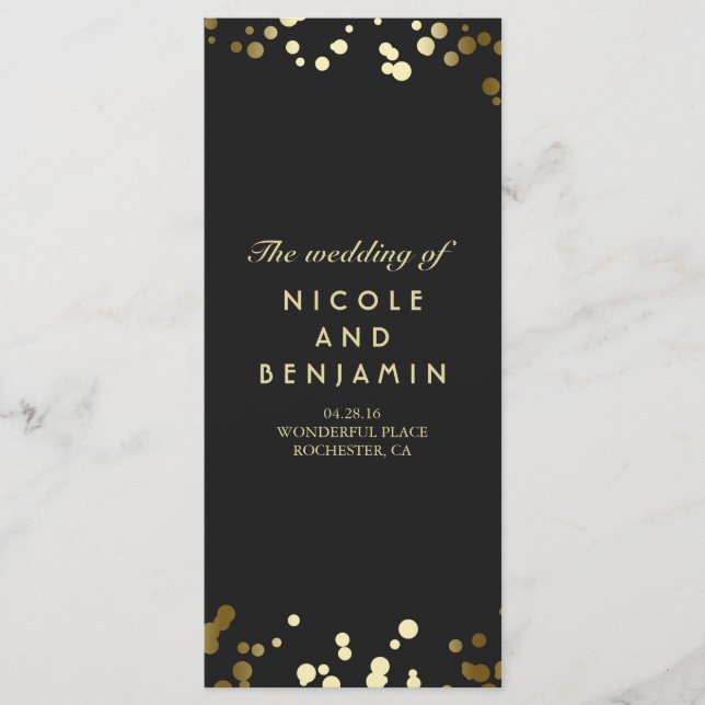 Gold Comfetti Dots Elegantes Schwarzes Hochzeitspr Programm (Vorderseite)