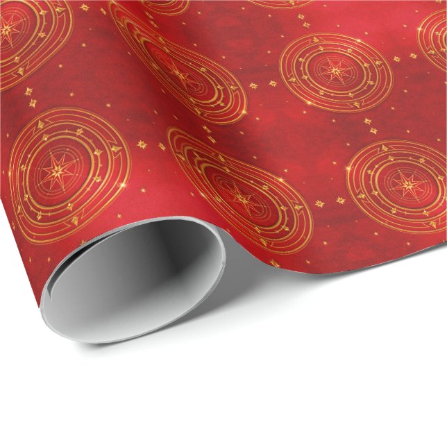 Gold Compass and Red Stars Muster Geschenkpapier (Rolleneckpunkt)