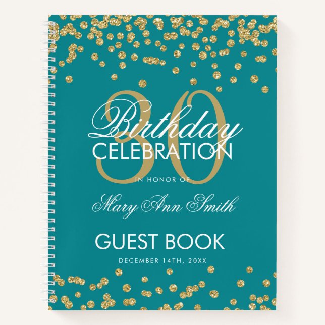 Gold Confetti Aquamarin 30. Geburtstag Gästebuch Notizbuch (Vorderseite)