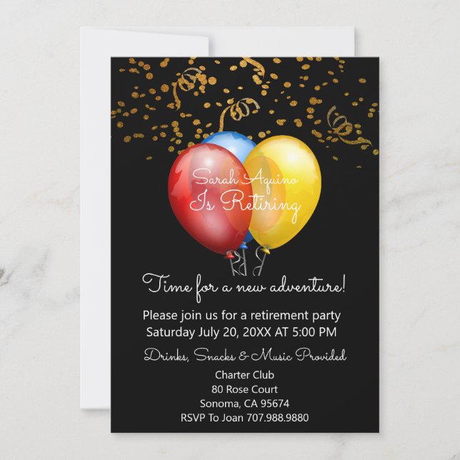 Gold Confetti auf Black & Balloons Rente Party Einladung (Vorderseite)