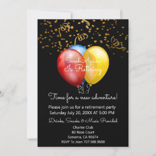Gold Confetti auf Black & Balloons Rente Party Einladung