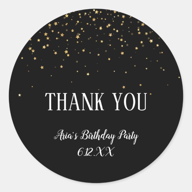Gold Confetti auf Black Birthday Danke Sticker (Vorderseite)