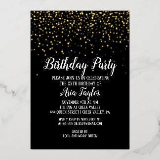 Gold Confetti auf Black Birthday Party Gold Folieneinladung