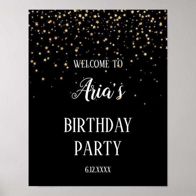 Gold Confetti auf Black Birthday Party Willkommen Poster (Vorne)