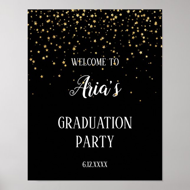 Gold Confetti auf Black Graduation Party Willkomme Poster (Vorne)
