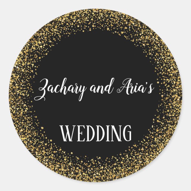 Gold Confetti auf Black Wedding Umschlag Aufkleber (Vorderseite)