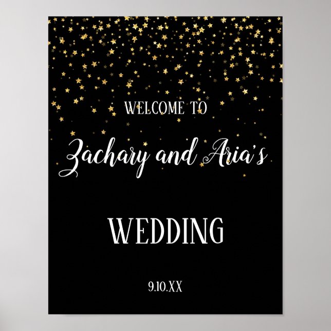 Gold Confetti auf Black Wedding Willkommenszeichen Poster (Vorne)