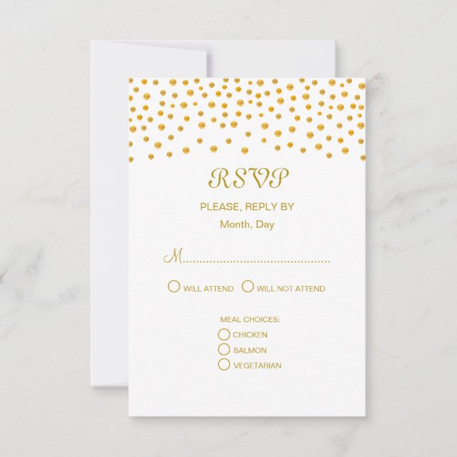 Gold Confetti auf Black & White Wedding RSVP Karte (Vorderseite)