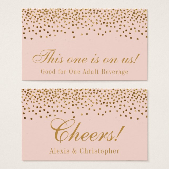 Gold Confetti auf Blush Wedding Drinks Tickets (Vorne & Hinten)