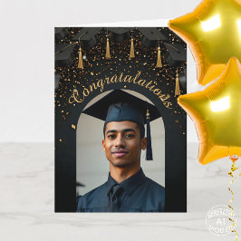 Gold Confetti auf dem Foto "Black Graduation Caps" Karte