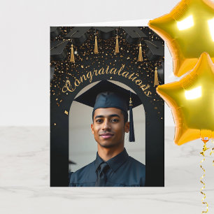 Gold Confetti auf dem Foto "Black Graduation Caps" Karte