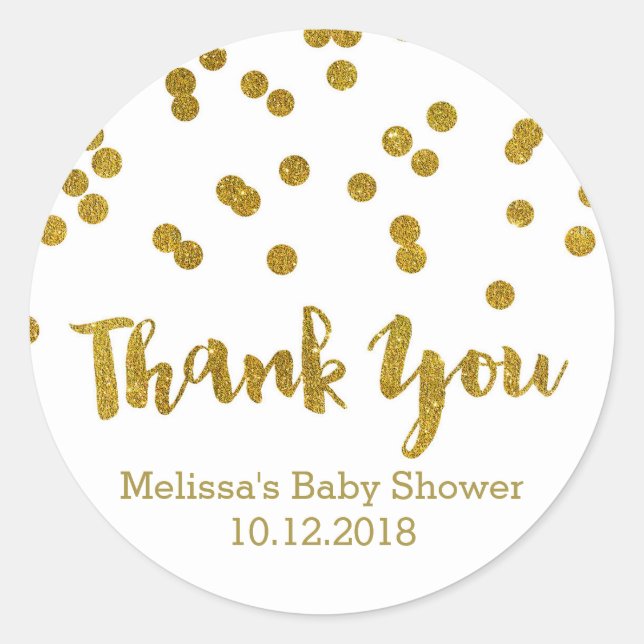 Gold Confetti Baby Dusche Danke Sticker (Vorderseite)
