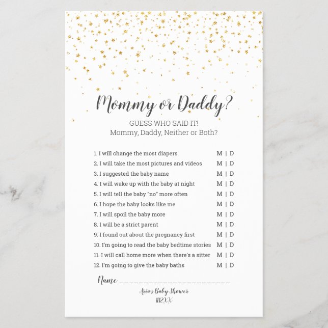 Gold Confetti Baby Shower Mommy oder Daddy Game Flyer (Vorne)