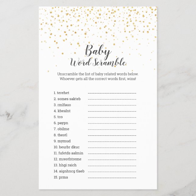 Gold Confetti Baby Shower UK Baby Word Scramble Flyer (Vorne)