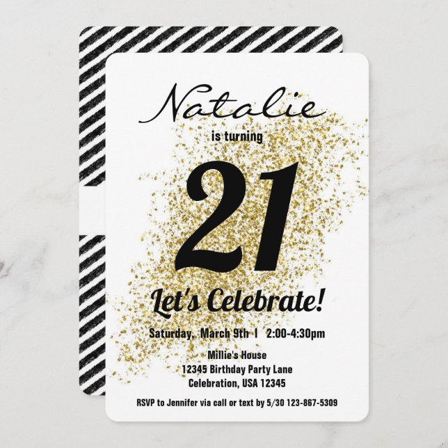 Gold Confetti Black and White Girl Birthday Einladung (Vorne/Hinten)