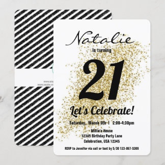 Gold Confetti Black and White Girl Birthday Einladung