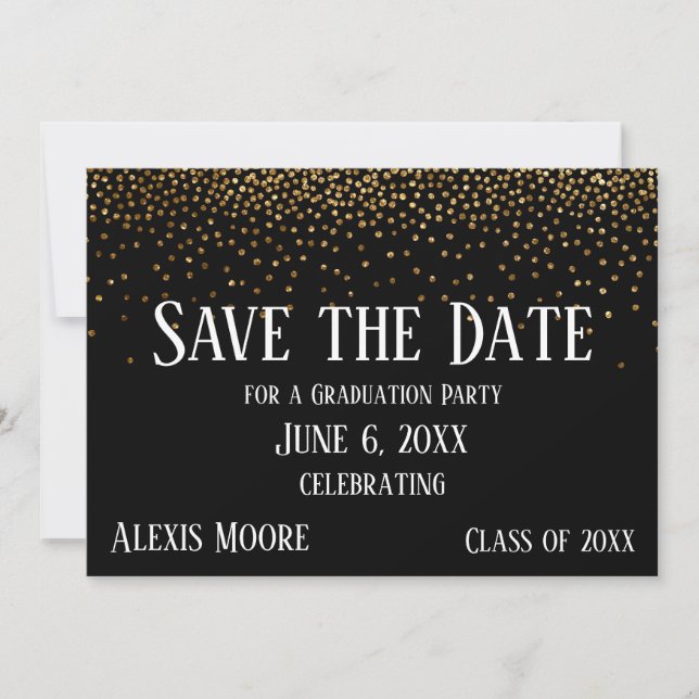 Gold Confetti Black Graduation Party Save the Date Einladung (Vorderseite)