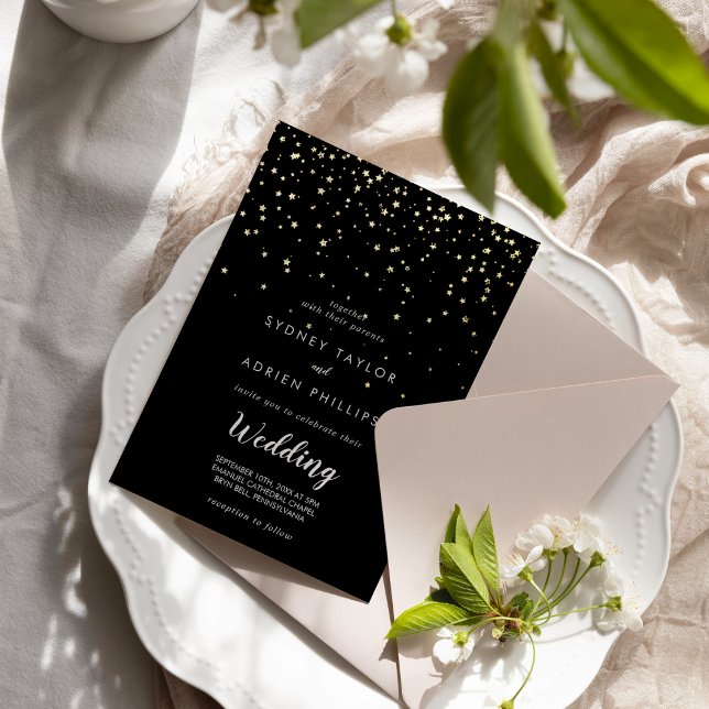 Gold Confetti|Black Informal Wedding Real Gold Folieneinladung (Von Creator hochgeladen)