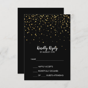 Gold Confetti Black Simple Wedding RSVP Card