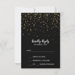 Gold Confetti | Black Simple Wedding RSVP Card Karte