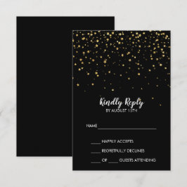 Gold Confetti | Black Simple Wedding RSVP Card Karte