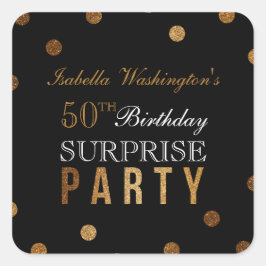 Gold Confetti & Black Surprise Geburtstagsparty Quadratischer Aufkleber