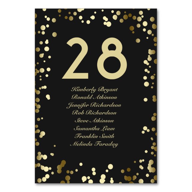 Gold Confetti Black Tischnummer mit Namen (Vorderseite)