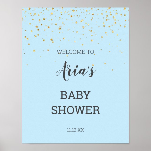 Gold Confetti Blue Baby Dusche Begrüßungszeichen Poster (Vorne)