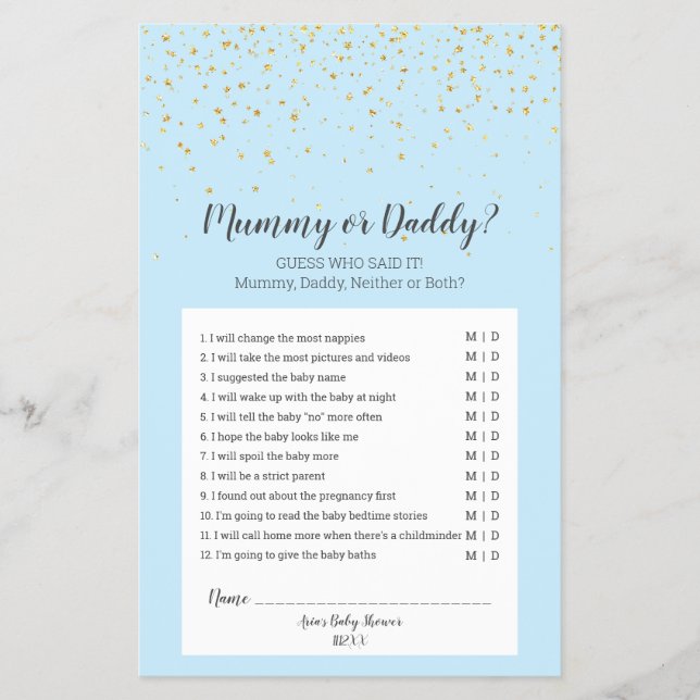 Gold Confetti Blue Baby Shower Mummy oder Daddy Ga Flyer (Vorne)