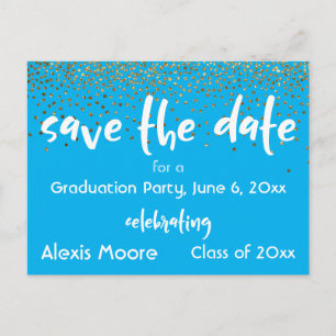 Gold Confetti Blue Graduation Party Save the Date Ankündigungspostkarte