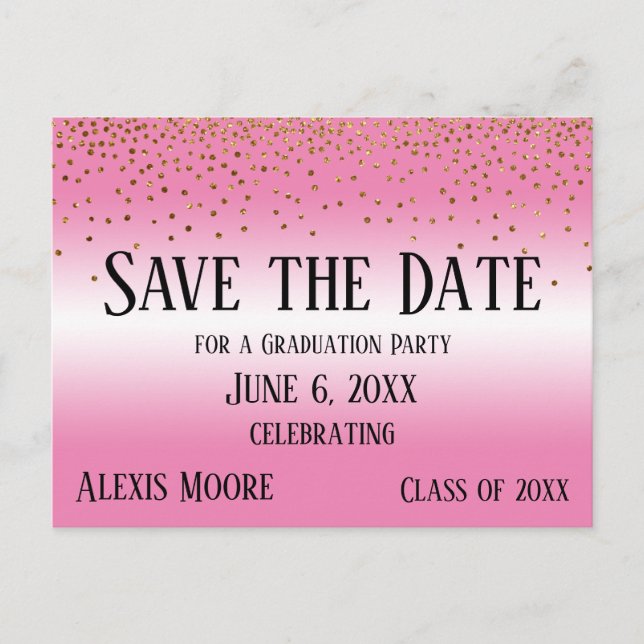 Gold Confetti Blue Graduation Party Save the Date Postkarte (Vorderseite)