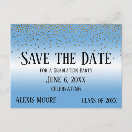 Gold Confetti Blue Graduation Party Save the Date Postkarte