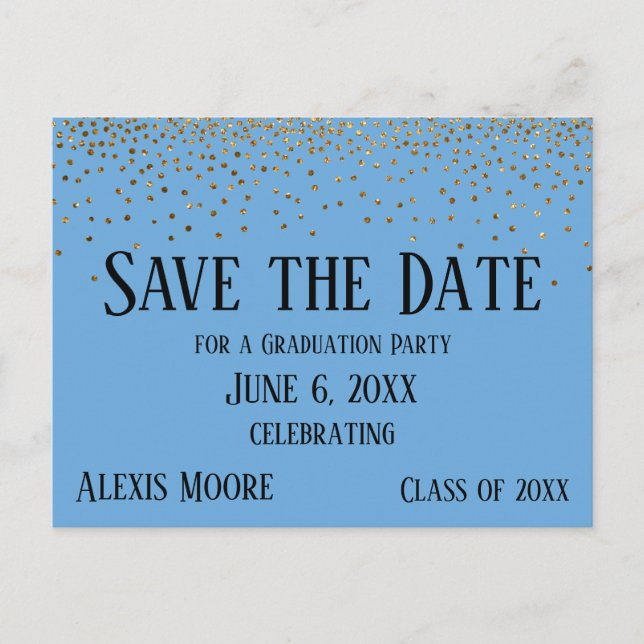 Gold Confetti Blue Graduation Party Save the Date Postkarte (Vorderseite)