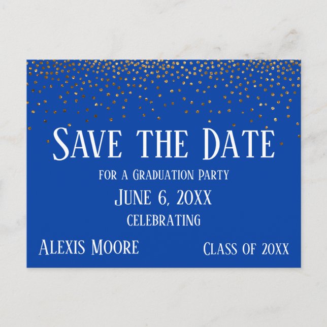 Gold Confetti Blue Graduation Party Save the Date Postkarte (Vorderseite)